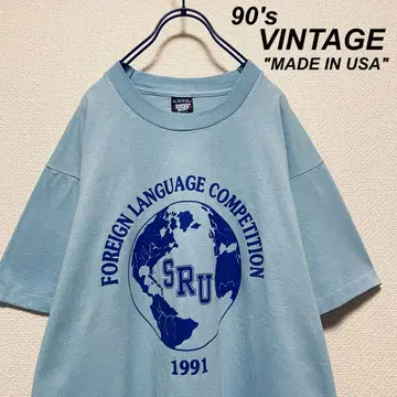 미국산 1990년대 빈티지 티셔츠 지구 프린트 라이트 블루 싱글
