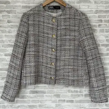 [완판템] ZARA 트위드 노카라 블레이저 자켓 골드 버튼 M