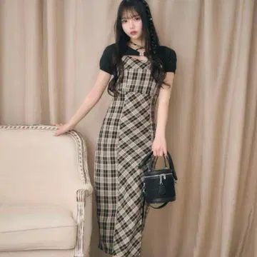미셸 마카롱 앙상블 체크 원피스 브라운 x 베이지