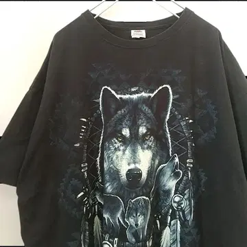 프루트 오브 더 룸 동물 프린트 늑대 루즈핏 티셔츠 검정 2XL 중고