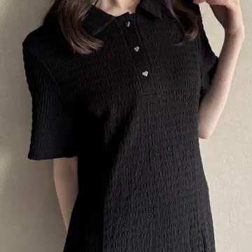 주노아 하트 버튼 스트레치 자카드 폴로 원피스 블랙 검정 L 사이즈