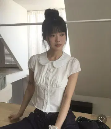레이스 라운드 칼라 반소매 블라우스 한국 상의 퍼프 소매 nugu
