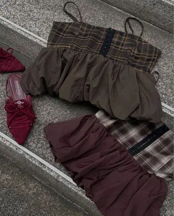 plaid pattern balloon tops / brown