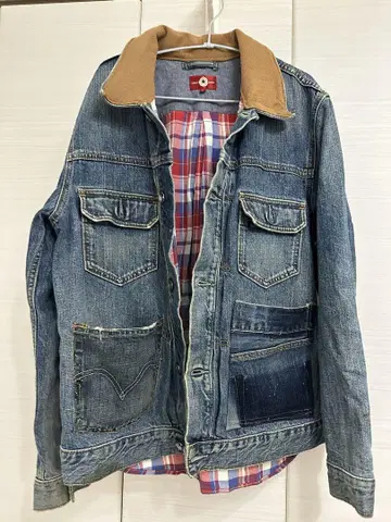 데님 재킷 브라운 칼라 체크 안감