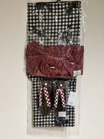 신품 라벨 에 유카타 세트 깅엄 체크 장미 블랙
