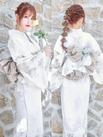 화이트 꽃무늬 유카타와 그레이 리본 벨트 세트 - 당일 발송