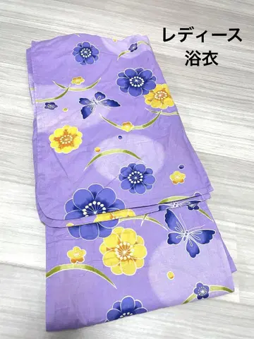 여성용 유카타 단품 보라색 꽃무늬 파란색 하마마쓰 직물