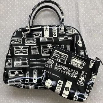 레어 MARY QUANT 화장품 패턴 핸드백 동일 패턴 파우치 포함 블랙