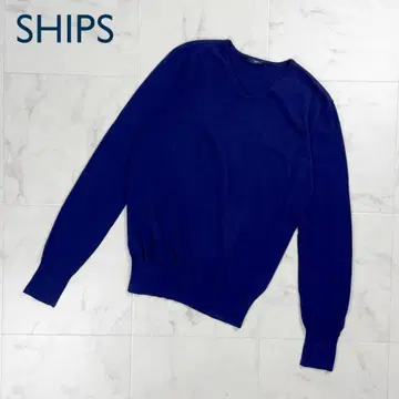 SHIPS V넥 코튼 장소매 니트 네이비 사이즈 F*FD1133