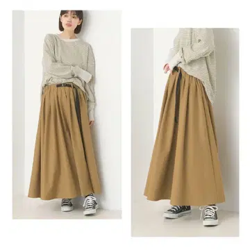 웨빙 벨트 턱 스커트 플레어 스커트 누구에게나 어울리는 롱 스커트
