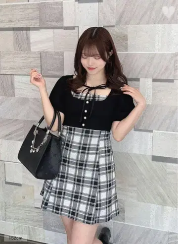 이브린 리본 체크 미니 원피스 블랙
