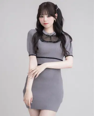 pium 튜얼 프릴 도리 니트 퍼프 원피스 그레이