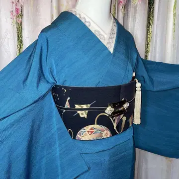 터키석 블루 소문 단옷 기모노 정사단 (실크 100%) 기모노 단품