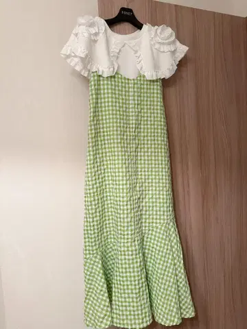 밑단 프릴 깅엄 체크 성인 그린 맥시 기장 원피스