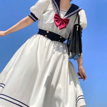 세일러 칼라 리본 장식 화이트 원피스