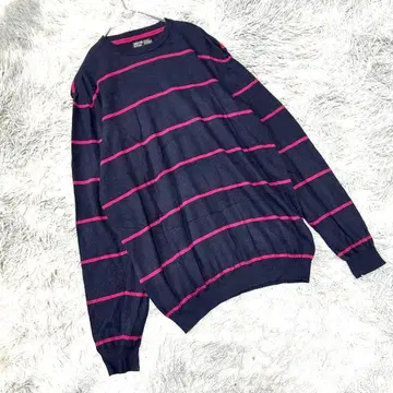 보더 코튼 니트 (M) 스웨터 네이비 성숙 캐주얼 크루넥