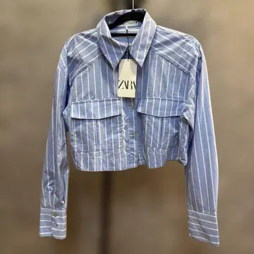 ZARA 크롭 셔츠 XS 블루 화이트 스트라이프 택 포함 정가 5990엔