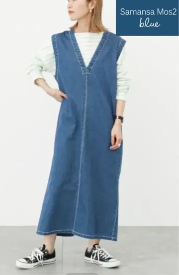 Samansa Mos2 blue ECO DENIM V넥 점프스커트