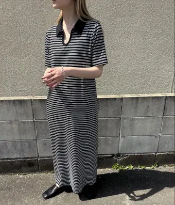 셀렉 모카 골지 롱 폴로 원피스 보더 M 사이즈 블랙