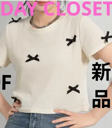 DAY CLOSET 신제품 반소매 리본 와플 크롭드 티셔츠 무료
