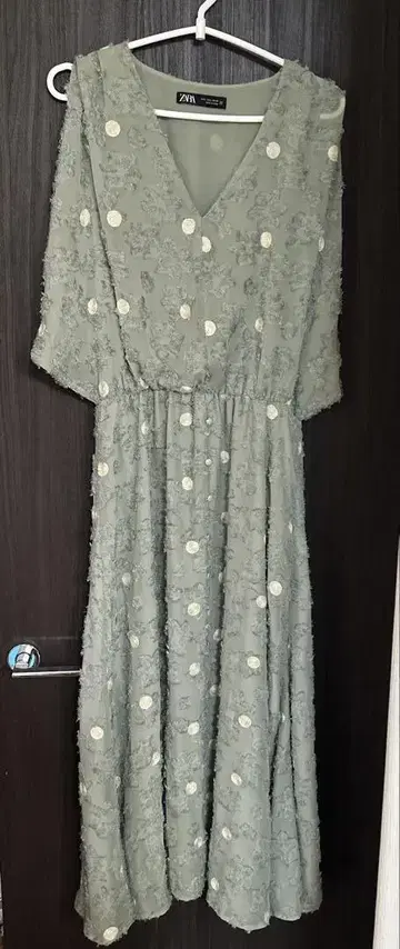 ZARA 그린 꽃무늬 자수 롱 드레스 L