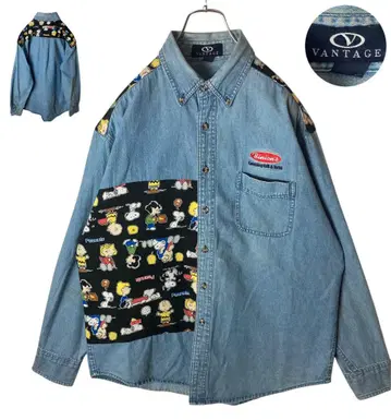 굿디자인 중고 스누피 패브릭 패치워크 데님 셔츠 편안한 사이즈