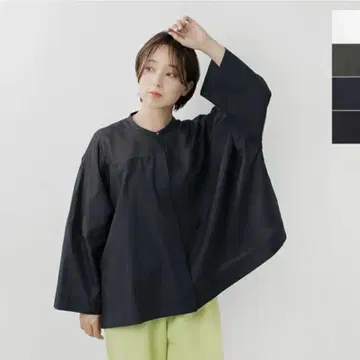 미즈이로 인도 스탠드 칼라 시어 셔츠 검정 블랙 편안한 핏