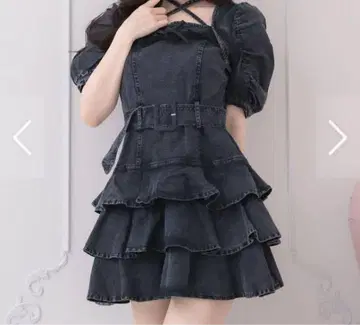 pium 티어드 프릴 미니 원피스 데님 블랙