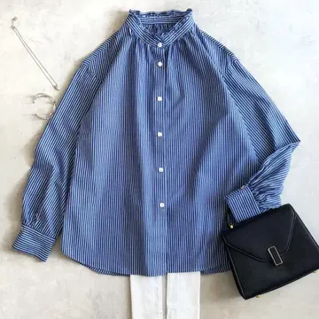 새상품급 DRESSTERIOR 블라우스 스트라이프 블루 코튼 프릴