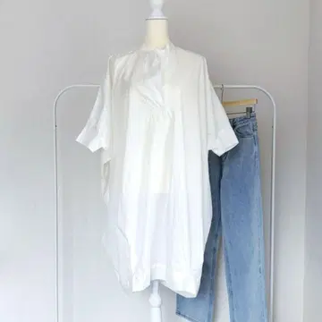 미즈이로인드 흰색 와이드 셔츠 튜닉 반소매 오버사이즈 편안한 핏