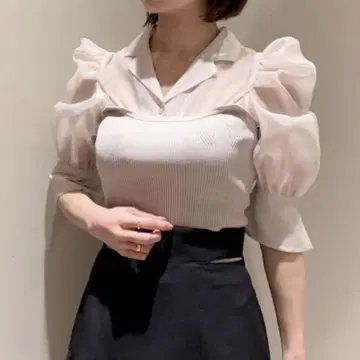snidel 스나이델 니트 뷔스티에 오간자 블라우스 핑크