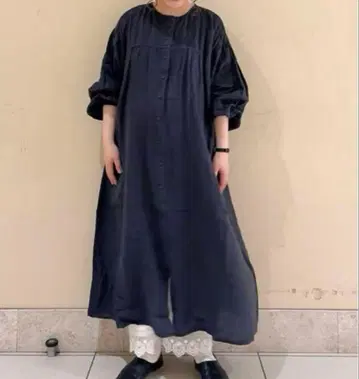 Samansa Mos 2 네이비 린넨 100% 핀턱 롱 원피스