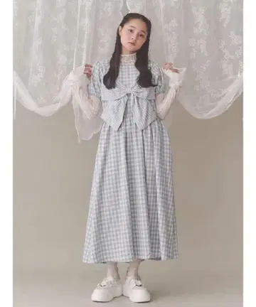 메리 제니 하늘색 깅엄 체크 리본 장식 원피스 아이스