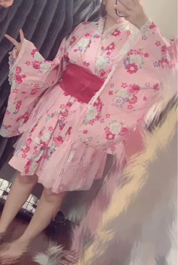 유카타 드레스 핑크 꽃무늬