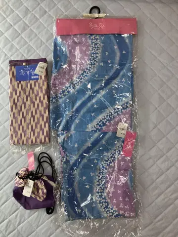 유카타와 벨트 세트 청자색 꽃무늬