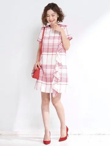 OBLI 오브리 프릴 A라인 원피스 체크 빨강