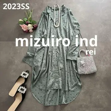 미즈이로 인드 도트 스탠드 카라 셔츠 원피스 그린 2023ss