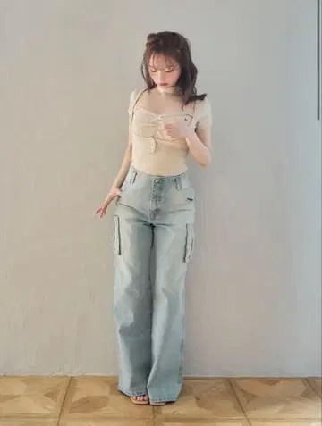 Back ribbon denim cargo pants