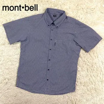 mont bell 네이비 컬러 체크 무늬 버튼다운 반팔 셔츠