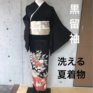 [세탁 가능한 여름 기모노] 화섬 검정색 도소데 히요쿠 츠보에 새와 꽃