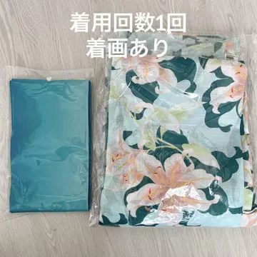 유카타 띠 에메랄드 그린 파란색 녹색 꽃무늬