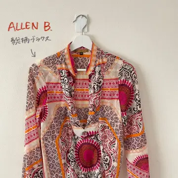 ALLEN B. 올 패턴 긴팔 블라우스 넥라인 비쥬