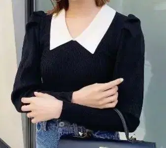 스니델 니트 칼라 퍼프 소매 톱 블랙