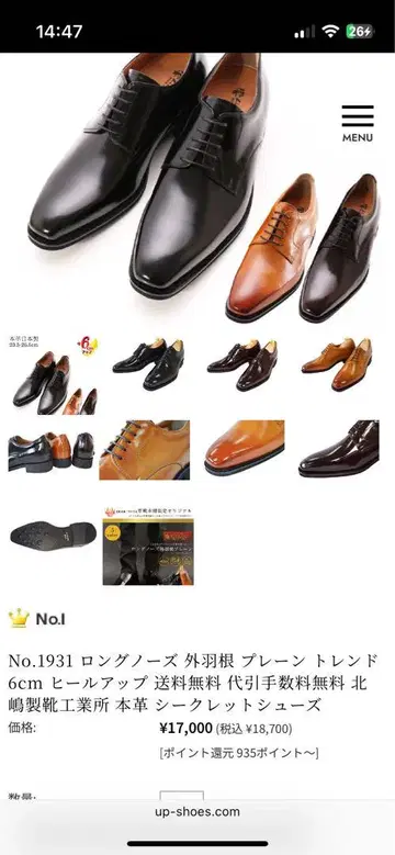No.1931 롱 노즈 겉날개 블랙 슈즈 시크릿 6cm