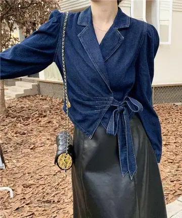 데님 래핑 셔츠 다크 블루 장소매