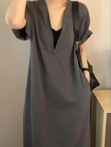 반팔 롱 원피스 여성용 V넥 지퍼 그레이 XL 사이즈