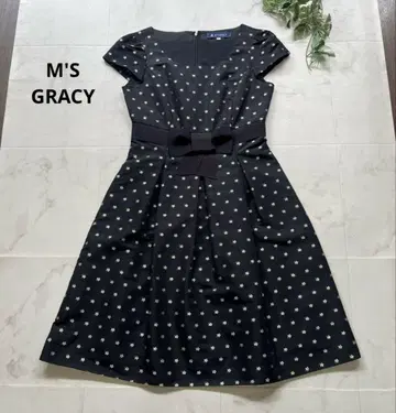 M'S GRACY 꽃무늬 자수 원피스 허리 리본 사이즈 36 네이비