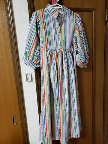 스트라이프 버튼 장식 셔츠 드레스 7부 소매