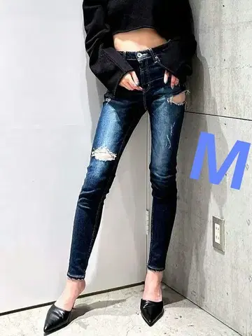 손상 가공 스키니 데님 하이 웨이스트 M