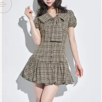 Darich 빅 리본 벌룬 체크 미니 원피스 베이지